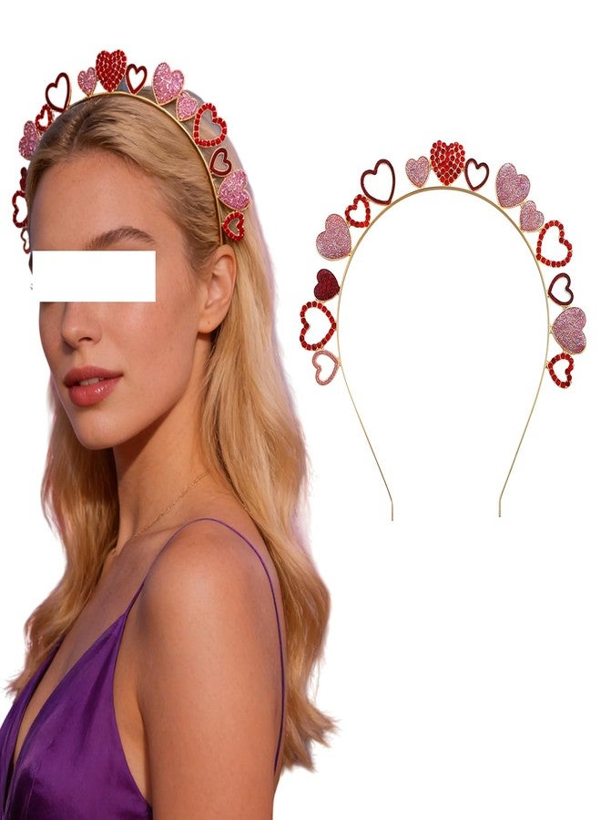 طوق شعر KTAABTR قطعة واحدة بتصميم قلوب حب وردية وحمراء مزينة بأحجار الراين، طوق شعر لامع على شكل قلب للنساء، مستلزمات تزيين الشعر، إكسسوارات شعر ذهبية لعيد الحب - Image 1